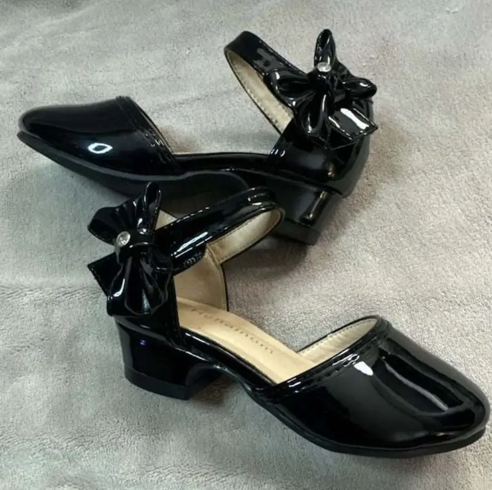 Hehainom Girls Black Patent Mary Jane Low Block Heels with Bow